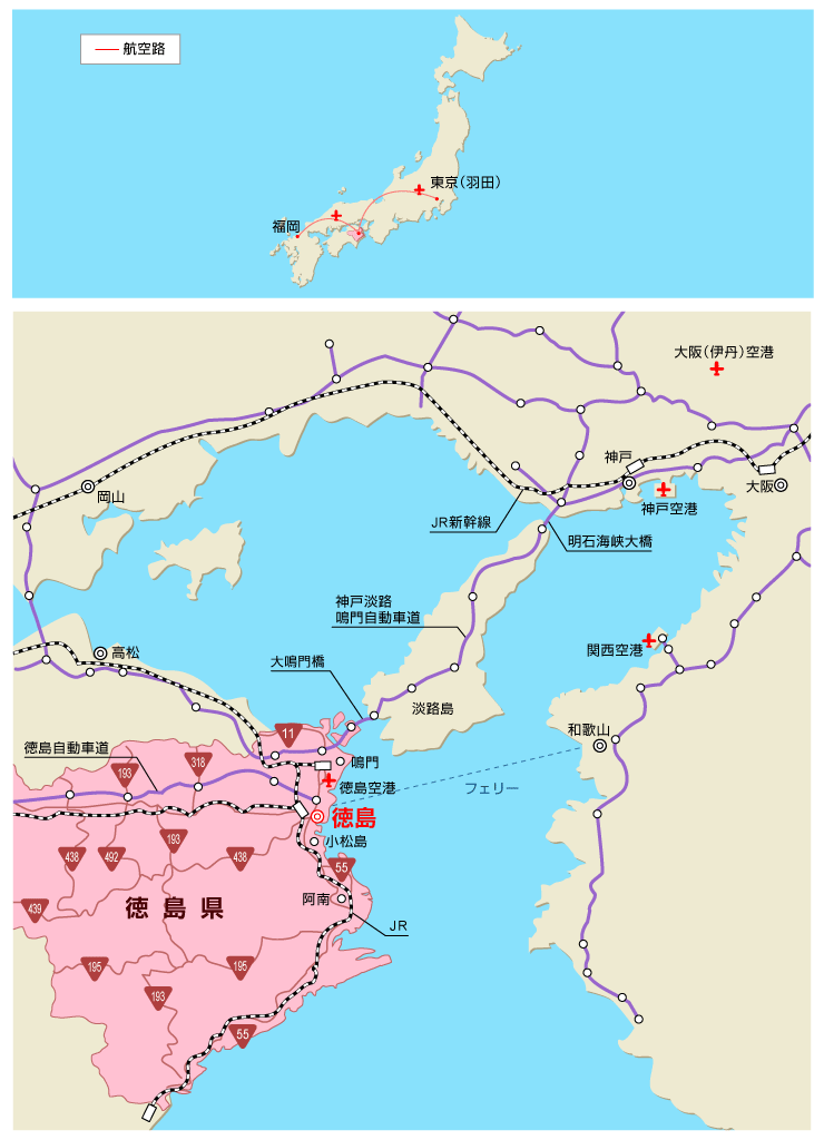上図は、航空路　下図は、鉄道路線図、バス路線図、フェリー航路