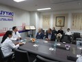 Dean Prof. Hashimoto (third from left) and Vice Dean Prof. Tsuneyama (fourth from left) discuss future collaboration withDirector Bayasgalan Purevdorj (second from left) at the Mongolia Japan Hospital